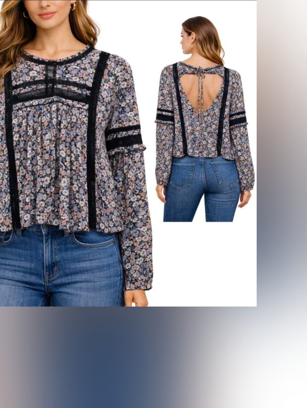 American Eagle floral babydoll blouse detailed with black lace trim size S